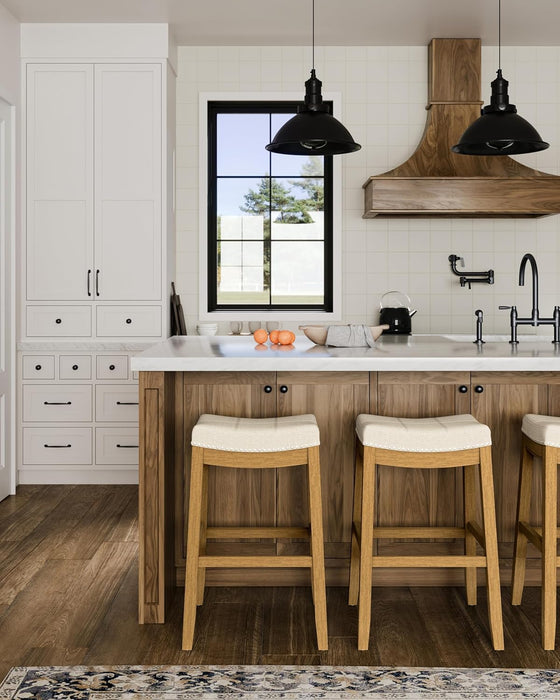 31" Sophia Backless Bar Stool - Handcrafted Plush Upholstered Saddle Seat with Six-Panel Stitching & Nailhead Trim - Space Saving Wood Barstool in Aged Natural Finish W/Light Beige Fabric