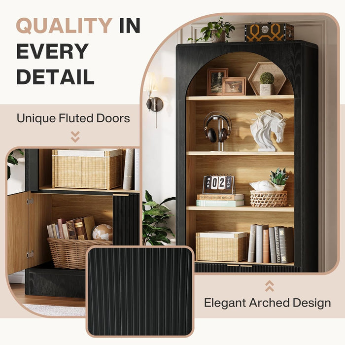 71" Tall Arched Bookcase, 5-Tier Black Bookshelf with Storage Cabinet, Modern Freestanding Wooden Bookshelves Open Display for Living Room, Home Office, Study