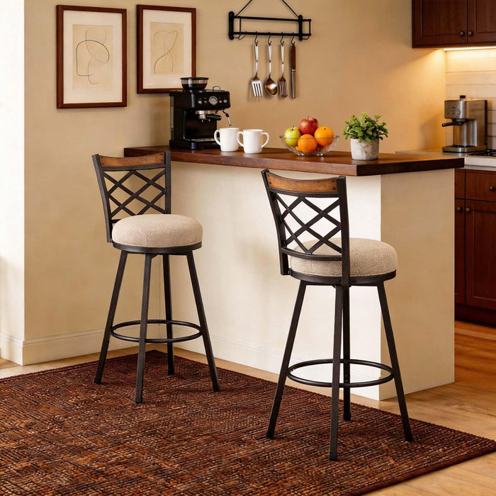 Swivel Bar Stools Set of 2, 25/30 Inch Adjustable Beige Fabric Bar Chairs with Antique Brass Frame, Mid-Century Counter Barstools with Back for Kitchen Island