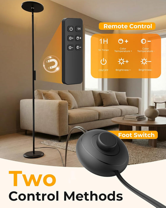Floor Lamps for Living Room, 69" Tall LED Lamp, 2800LM Standing Lamp Remote & Foot Switch with 1H Timer, 2700-6500K Stepless Dimmable Modern Pole Light for Bedroom, Reading, Black