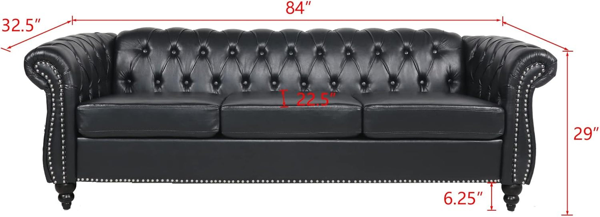 Modern 3 Seater PU Chesterfield Sofa, Upholstered Tufted Button Leather Chesterfield Couch, Classic Faux Leather Settee with Nailhead Trim Scroll Arms for Living Room Bedroom(Black)