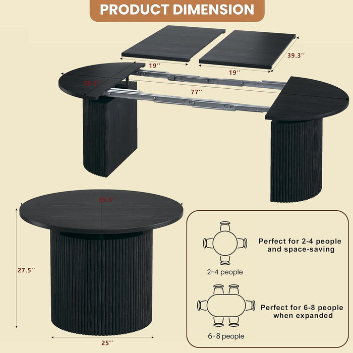 Extendable round Dining Table for 4-8, 39In-77In Long Large Kitchen Table with Fluted Base, Space Saving Modern Farmhouse Oval Dinner Tables for Dining Room, Kitchen, Living Room, Black