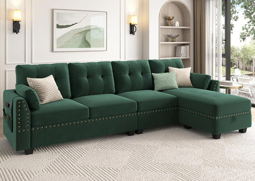 Velvet Convertible Sectional Sofa L Shaped Couch with Storage Ottoman Reversible Sectional Couch Sofa for Small Space,Green