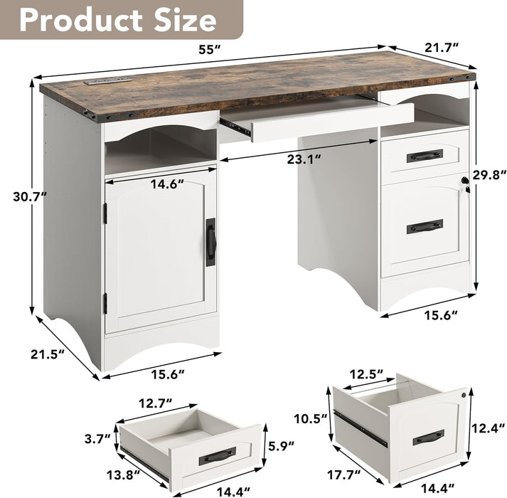 55'' Farmhouse Executive Desk with Drawers & Charging Station, White