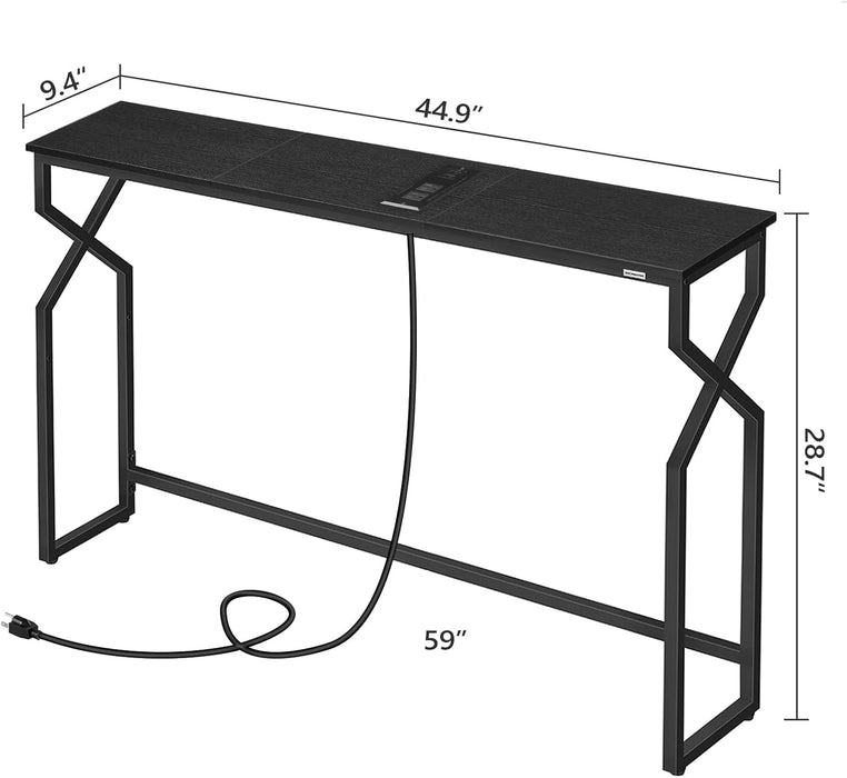 44.9" Sofa Table, 9.4" Narrow Console Table with Charging Station, Couch Table behind Sofa with Outlet, Entryway Table with Display Shelf, Living Room, Black CTHB113E01