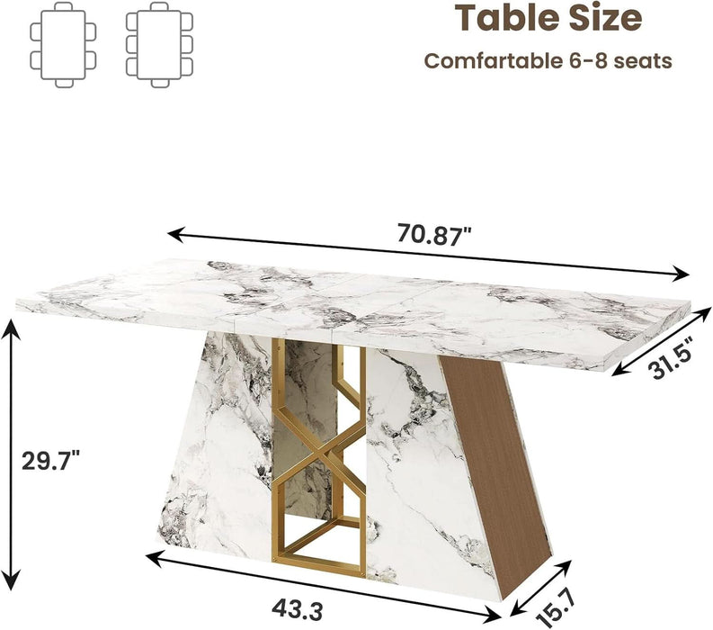 71 Inch Modern White Dining Table for 6-8 People, Large Faux Marble Kitchen and Dining Room Table,Rectanglar Dinner Table with Metal Frame for Dining Room, Living Room, White