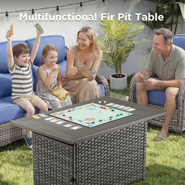 Luxury Patio Furniture Set with Fire Pit Table-6 Pieces All Weather Outdoor Swivel Rocker Chairs with Sofa and Ottomans. Outdoors Patio Conversation Sets for Porch Deck Garden Backyard(Grey/Blue)