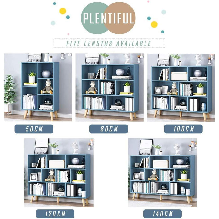 Wooden Open Shelf Bookcase - 3-Tier Floorstanding Display Cabinet Rack with Legs, 8 Cubes Free Standing Bookshelf, Bright Blue
