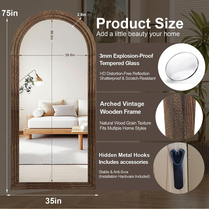 Arched Full Length Mirror with Stand, 75X35 Brown Wood Floor Mirror