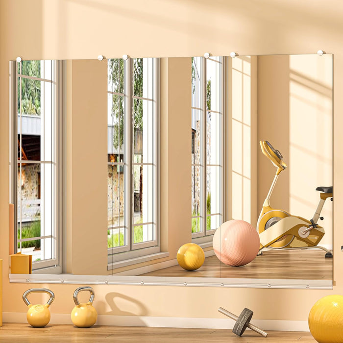 Home Gym Mirror, 48"X24" Each, 3-Pack Frameless Wall Mounted Mirrors with Glass Clamps & 2 Aluminum Rail, Large Body Mirror for Home Gym, Yoga Studio, Bedroom, Silver Tempered Glass