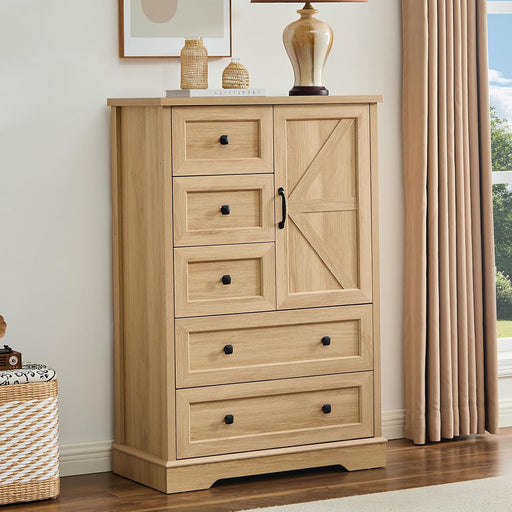 Dresser for Bedroom, Farmhouse Dresser with 5 Wooden Drawers and Storage Cabinet, 48 Inches Tall Chest of Drawers for Bedroom, Natural Oak