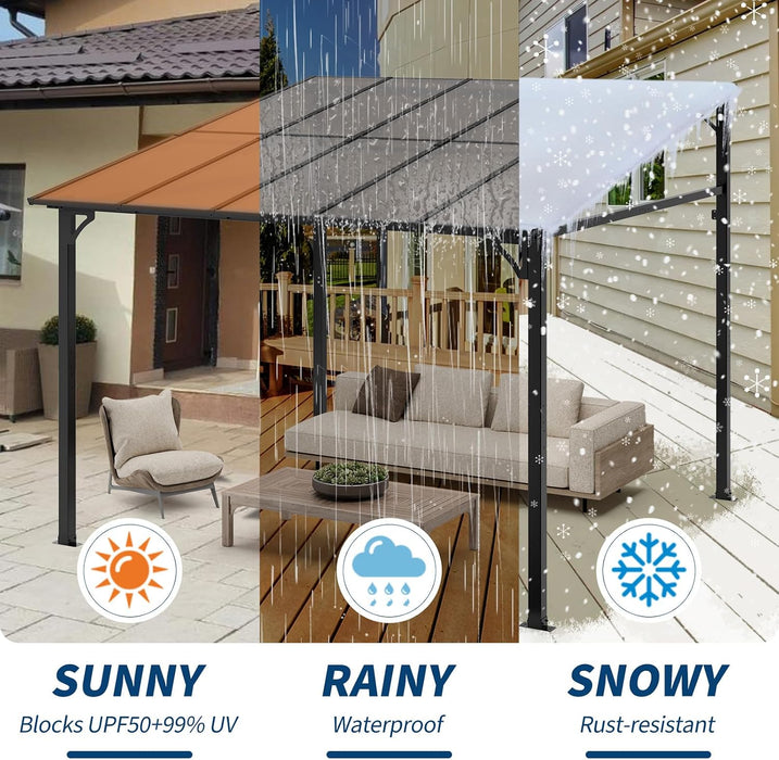 10 X 10 FT Wall Mounted Gazebo Pergola for Patio, Hardtop Gazebo with Sloped Polycarbonate Roof, Lean to Carport with 4-Pillar Aluminum Frame, Outdoor Garden Deck Shade for Decks, Backyard