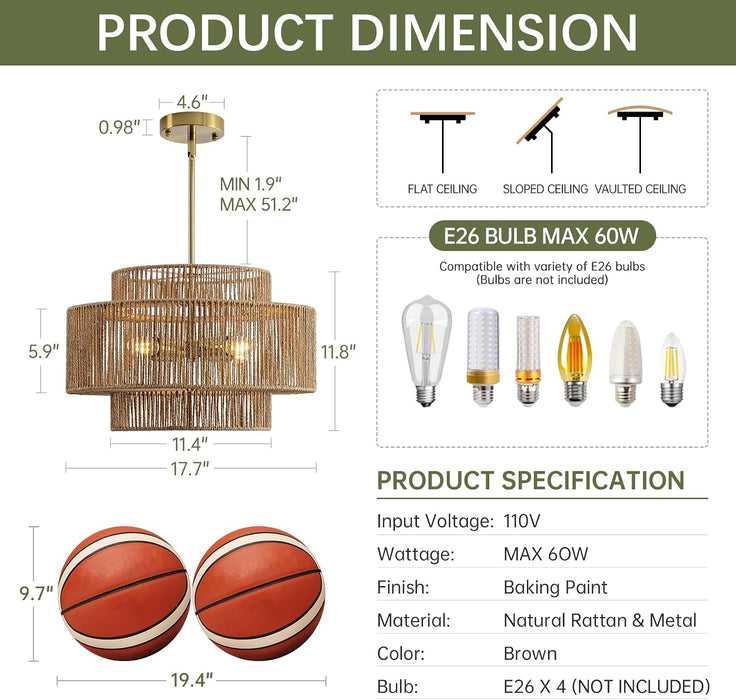 17.7" Rattan Chandelier for Dining Room, Large Boho Pendant Light