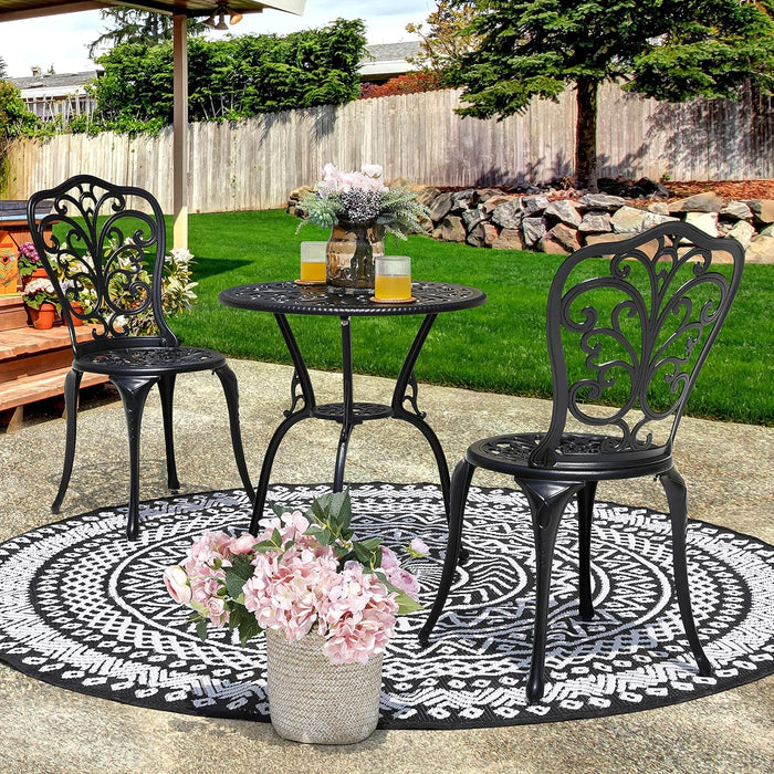 3 Piece Bistro Set Outdoor, All Weather Cast Aluminum Patio Bistro Sets Patio Table and Chairs Set of 2 with Umbrella Hole for Yard, Balcony, Black, Butterfly Backrest