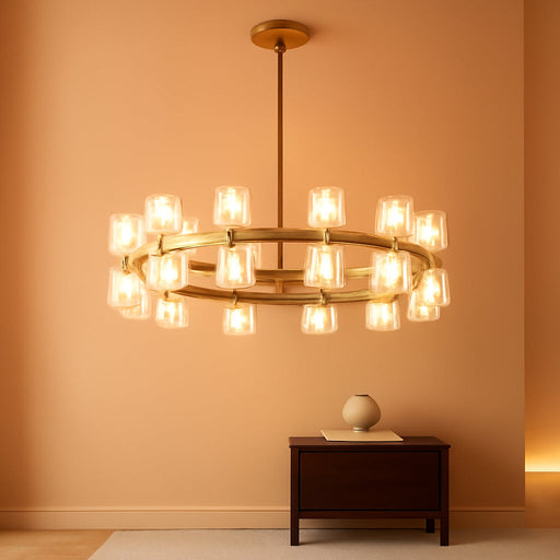Modern 24 Inch Gold Crystal Wagon Wheel Chandelier, Large round 24-Light Pendant Lighting Fixture, Adjustable Height for High Ceilings Living Room, Dining Room, Foyer, Entryways (Gold-24In)