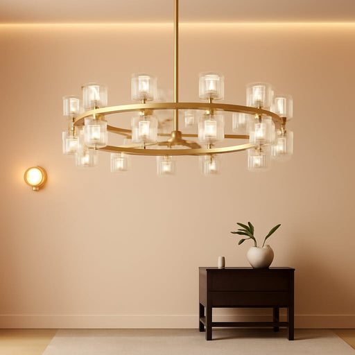 Modern 24 Inch Gold Crystal Wagon Wheel Chandelier, Large round 24-Light Pendant Lighting Fixture, Adjustable Height for High Ceilings Living Room, Dining Room, Foyer, Entryways (Gold-24In)