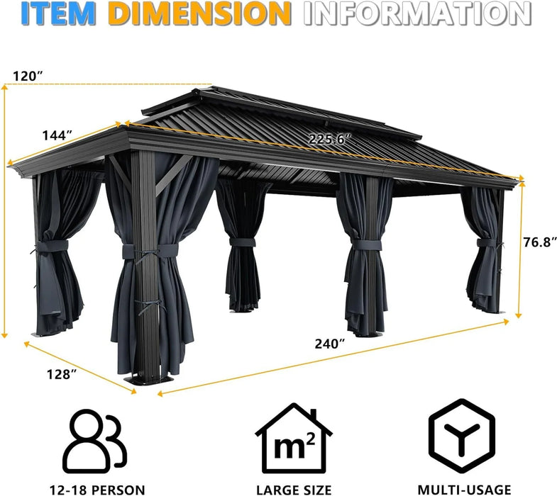 12X20Ft Hardtop Gazebo Galvanized Steel Double Roof Permanent Hardtop Gazebo Aluminum Metal Gazebos with Netting and Curtains Aluminum Frame Steel Gazebos for Deck, Lawns and Backyard, Black