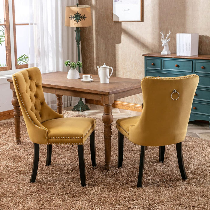 Tufted Dining Room Chairs Set of 2, Velvet Kitchen Nailhead Trim Chairs with Solid Wood Legs and Padded Seat, Gold