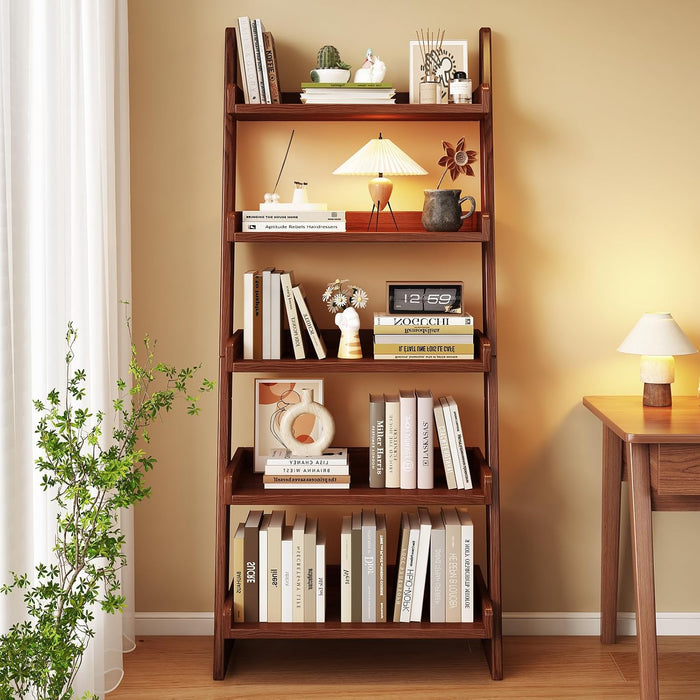 5 Tier Ladder Shelf, Ladder Bookshelf with Wood Frame