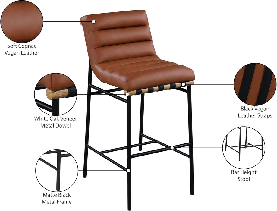 846Cognac-C Burke Collection Modern | Contemporary Bar Stool with Soft Cognac Vegan Leather, Matte Black Metal Frame, White Oak Veneer Metal Dowel, 18" W X 24" D X 40.5" H, Cognac