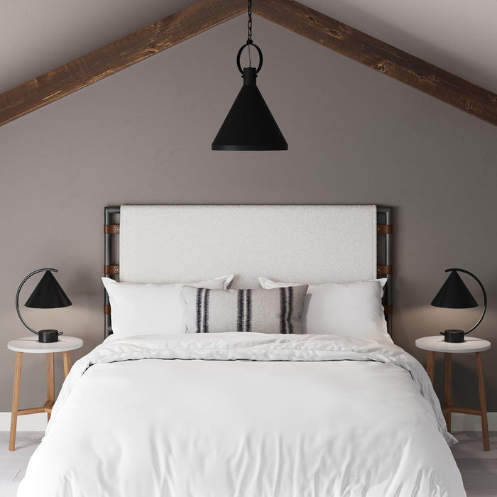 Aspen Queen Bed Headboard, Boucle Upholstered Headboard with Leather Straps and Black Matte Metal Frame, White/Black