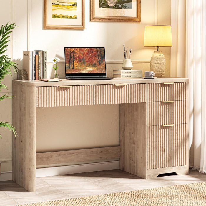 59" Fluted Executive Desk with Adjustable File Drawer, Workstation Computer Desk with 4 Storage Drawers, for Home Office, Study, Writing, Oak