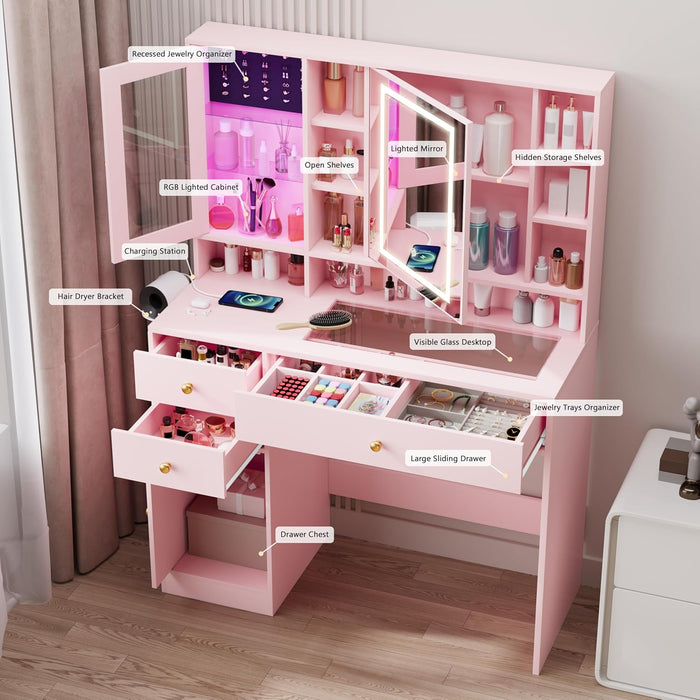 Pink Makeup Vanity Console With Illuminated Mirror