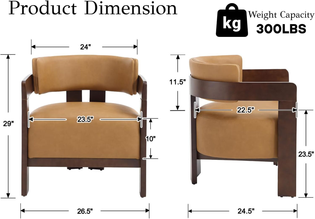 Barrel Accent Chair Modern Comfy Living Room Chair with Wooden Legs Mid Century Leather Upholstered Lounge Reading Armchair for Bedroom/Indoor Reading Nook/Corner/Office, Brown