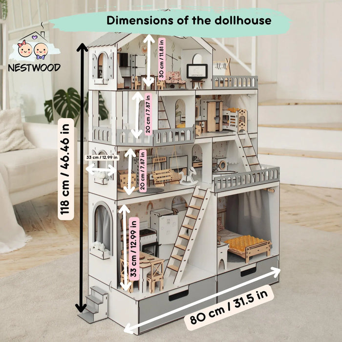 5-Room Wooden Dollhouse Mansion - Stylish Design - Dollhouse Furniture - Kids Playhouse