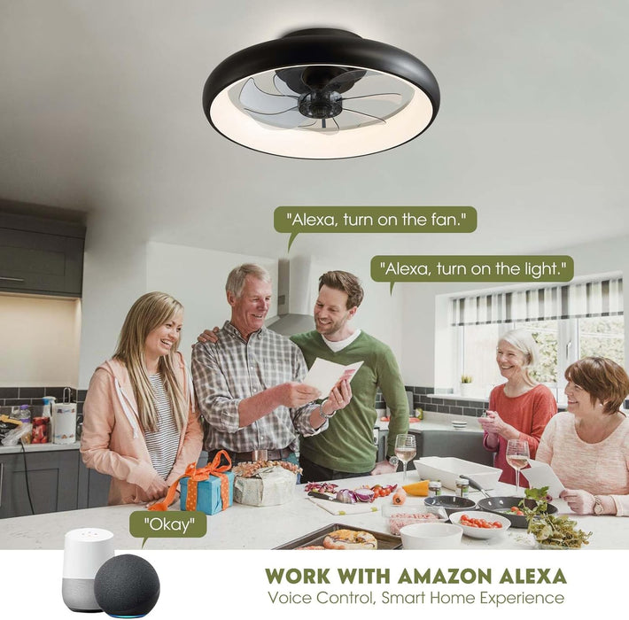 Ceiling Fans with Lights, Flush Mount Ceiling Fan with Alexa/Google Assistant/App Control, Low Profile Ceiling Fan with 6 Wind Speeds, LED Ceiling Fan for Bedroom, Kitchen 20“ (Black)