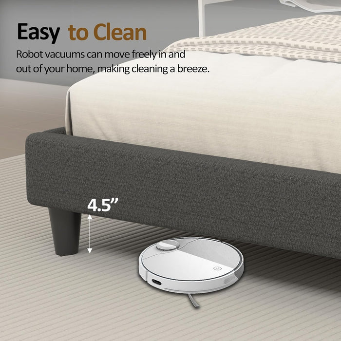 Queen Size Bed Frame with Chenille Striped Headboard, Dark Gray