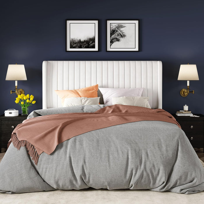 Queen Size Velvet Bed Frame/Vertical Channel Tufted Wingback Headboard/Upholstered Platform Bed/Strong Wooden Slats/No Box Spring Needed/Easy Assembly/White