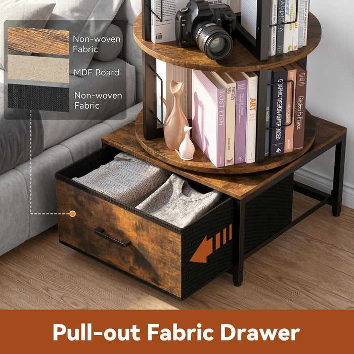 5 Tier Rotating Bookshelf Tower with Storage, Rustic Brown | 360° Spinning Bookcase with Fabric Drawer, round Revolving Book Shelf Organizer, Narrow Swivel Bookshelves for Small Space