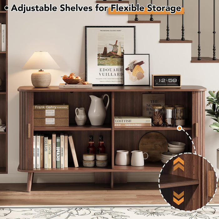 55" Fluted Sideboard Buffet Cabinet with Sliding Door, Mid-Century Modern Wood Sideboard, Adjustable Shelf, Coffee Bar Cabinet with Storage for Kitchen, Walnut