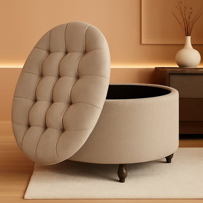 Classic 28-Inch Wide Button Tufted round Storage Ottoman Footstool with Lift off Lid, Light Brown Fabric
