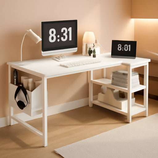 White L Shaped Computer Desk with Power Outlet Shelves, 40 Inch Small Corner Desk for Small Space Home Office, L-Shaped Desk PC Desks, White