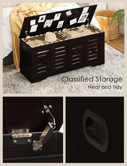 Storage Chest, 47.3” Wooden Toy Box with 2 Safety Hinges, Retro Entryway Shoe Storage Bench with Flip-Top, Sturdy Large Storage Trunk for Living Room, Bedroom, Easy Assembly, Espresso