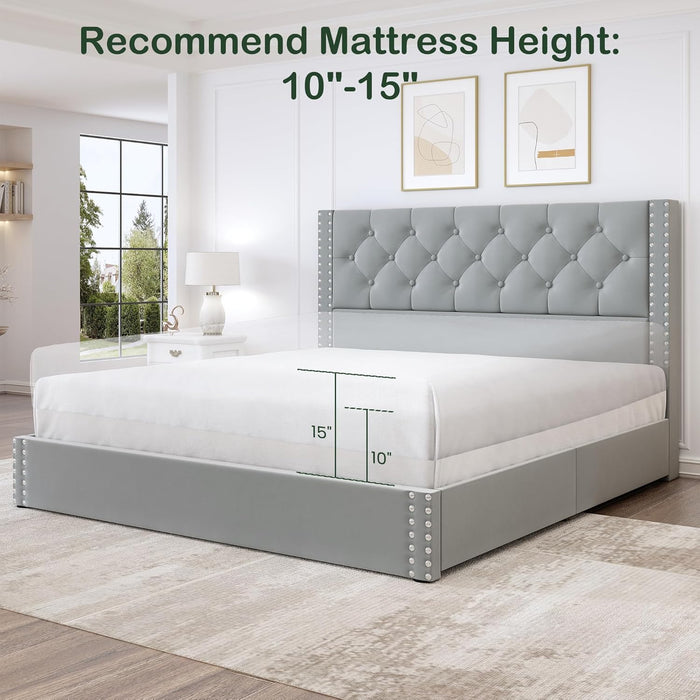Queen Size Bed Frame Upholstered Platform Bed with 4 Storage Drawers and Tufted Headboard Velvet Bed Frame with Heavy Duty Wood Slats, No Box Spring Needed, Easy Assembly, Bluish Grey