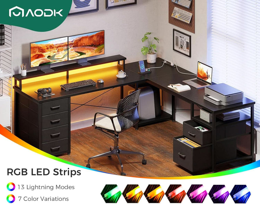 66" L Shaped Computer Desk, 113“ Reversible Home Office Desk with File Cabinet & 4 Fabric Drawers, Two Person Desk with LED Lights & Power Outlet, Corner Gaming Desk with Monitor Shelf, Black