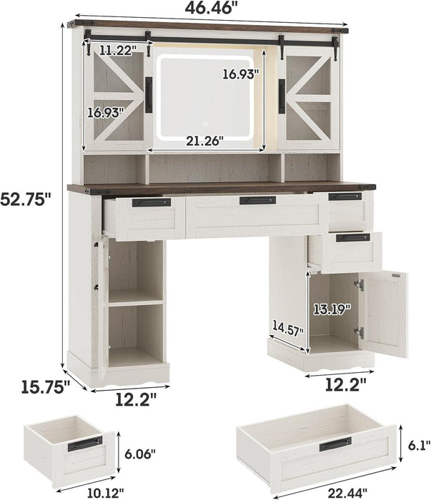 Farmhouse Makeup Vanity with Sliding Cabinets, White Vanity Desk with Lights Mirror and Power Outlet, Rustic Dressing Table with 4 Drawers&2 Storage Cabinets for Bedroom