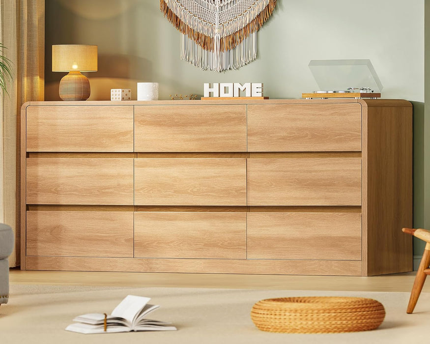 9 Drawer Dresser for Bedroom, 63" Wide Dressers & Chest of Drawers with Curved Profile Design, Wood Closet Storage Dressers Organizer for Bedroom, Living Room, Natural