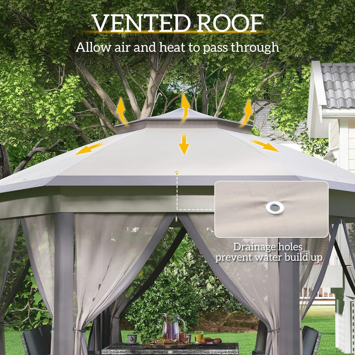 13' X 13' Pop up Gazebo, Hexagonal Canopy Shelter with 6 Zippered Mesh Netting, Event Tent with Strong Steel Frame for Patio Backyard Garden Wedding Party, Coffee and Beige