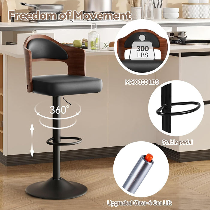 Modern Swivel Bar Stools Set of 2, Wooden Upholstered PU Leather Barstools with Back & Footrest, Counter Height Bar Chairs for Kitchen Island, Black