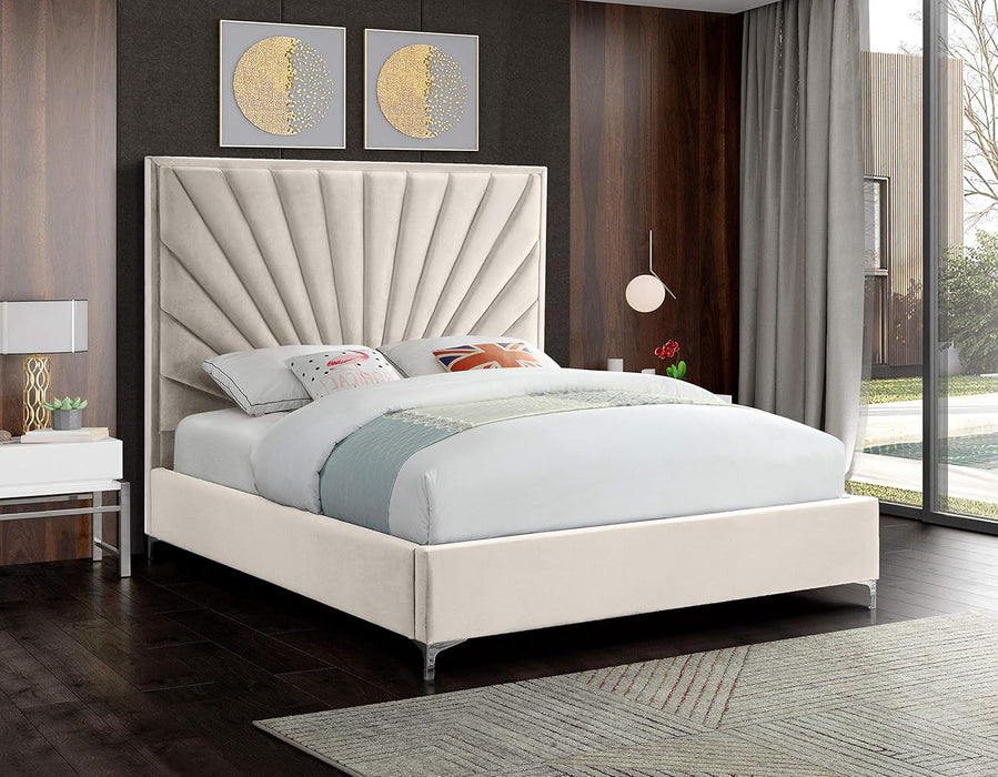 Eclipse Collection Modern | Contemporary Velvet Upholstered Bed with Channel Tufted Design and Complete Sets of Gold and Chrome Legs Included, Queen, Cream