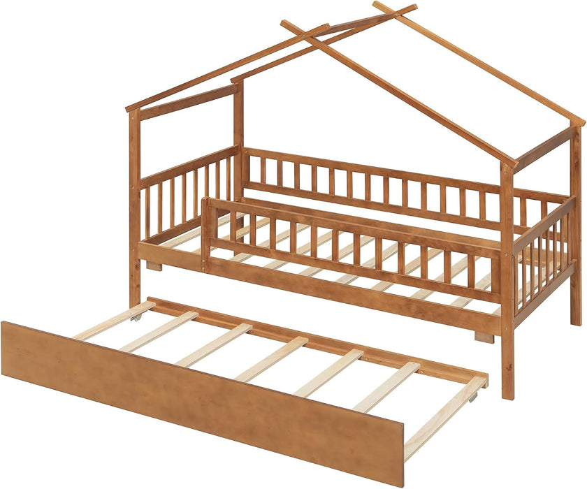 Walnut Solid Wood House Bed Trundle UnitBundleWithDrawers