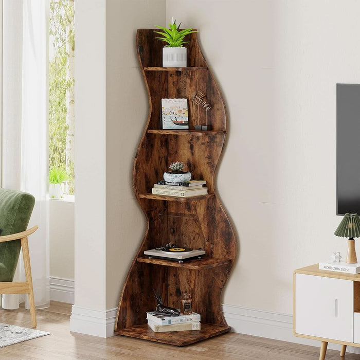Corner Shelf, Rustic 5-Tier Wall Corner Bookshelf, Stylish Corner Small Bookcase Storage Rack Plant Stand with Unique Shape for Living Room, Home Office (1PC, Brown)