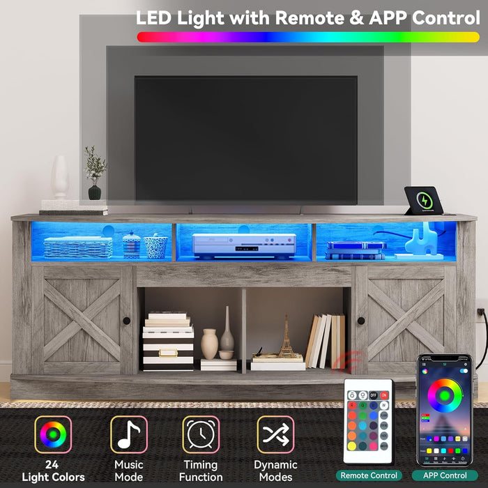 TV Stand for 75/80 Inch TV, Light Rustic Grey Entertainment Center 70 Inches Wide, Media Furniture TV Table with with Power Outlet, TV Consoles for Living Room, Curved Desktop