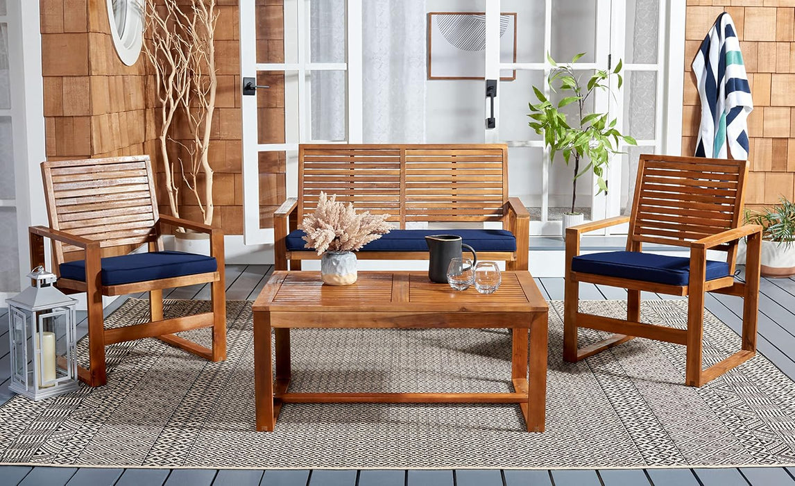 Home Collection Hailey Outdoor Living 4-Piece Acacia Patio Furniture Set, Brown and Navy