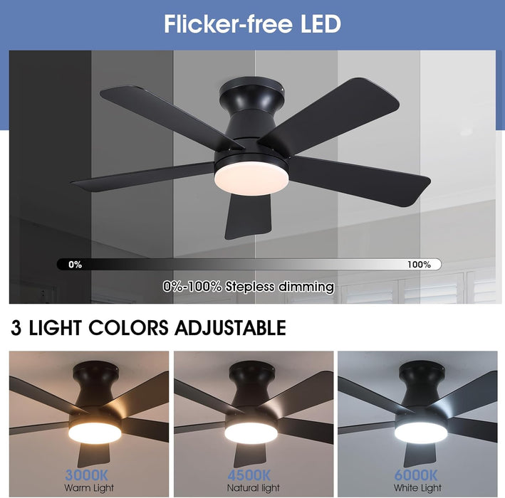 41" Black Low Profile Ceiling Fans with Lights and Remote, Modern Flush Mount Ceiling Fan Light with Quiet Reversible DC Motor for Bedroom Kitchen