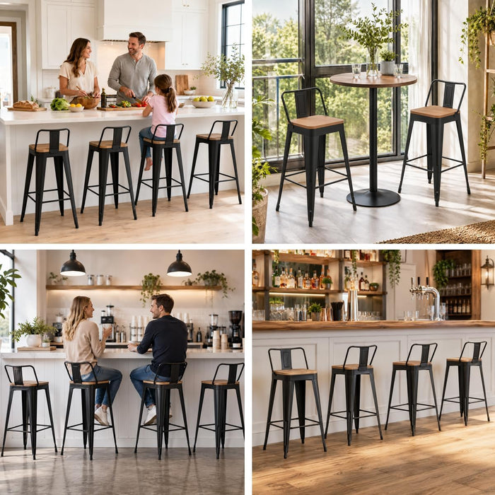 Metal Bar Stools Set of 4 Black Counter Stools with Back 26"